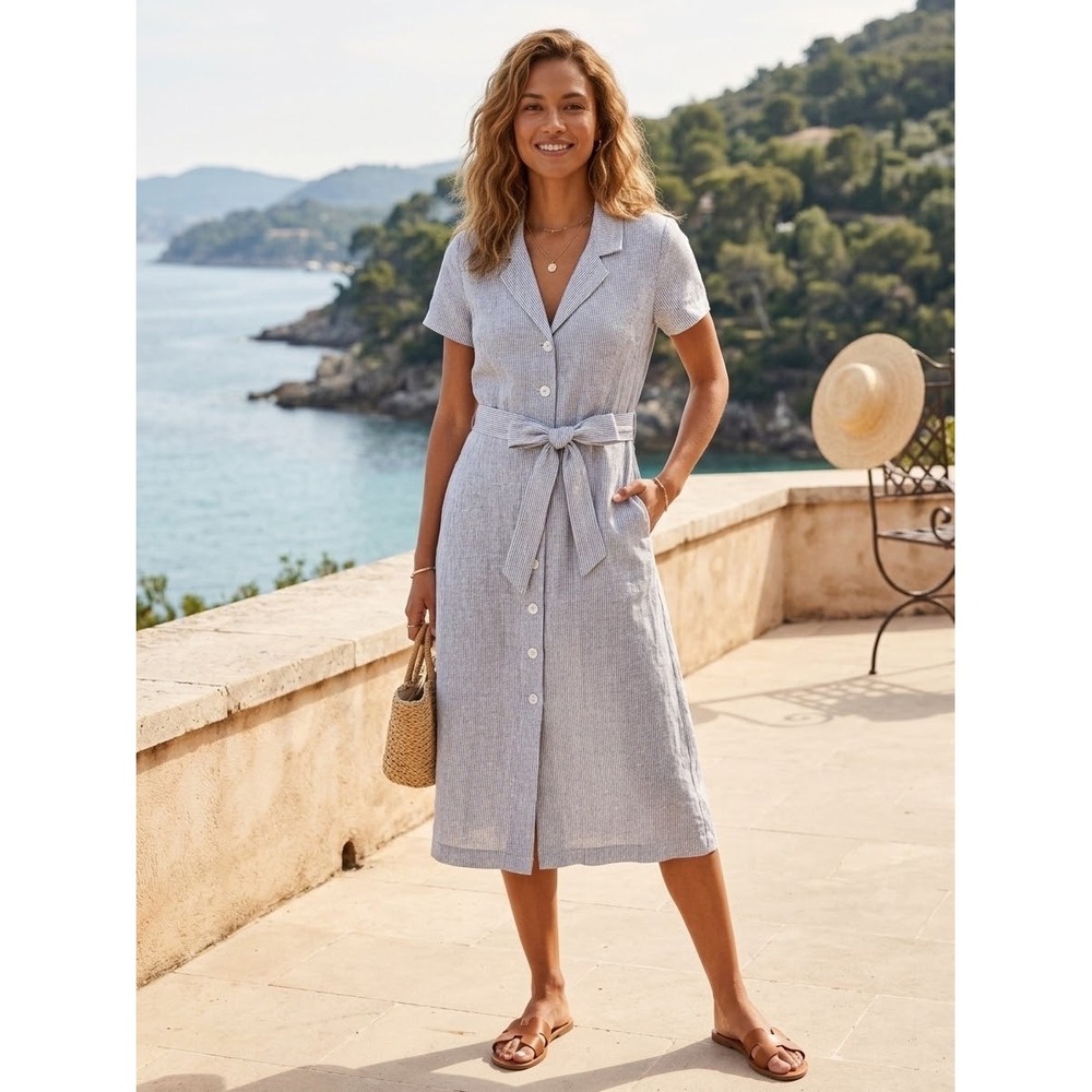 Quince 100% European Linen Button Front Midi Dress Blue Pinstripe Small